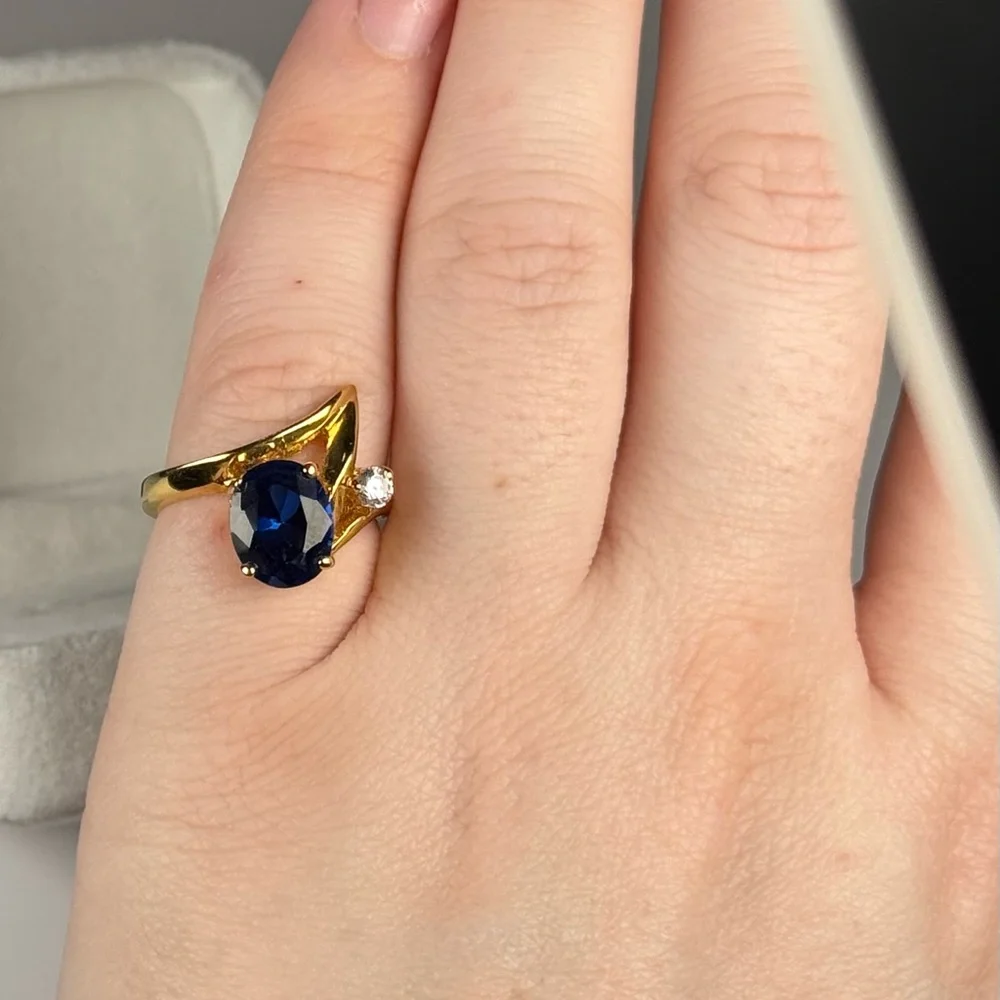 14K Gold Electroplated Blue CZ Ring Size 7 Sapphire Cubic Zirconia NEW